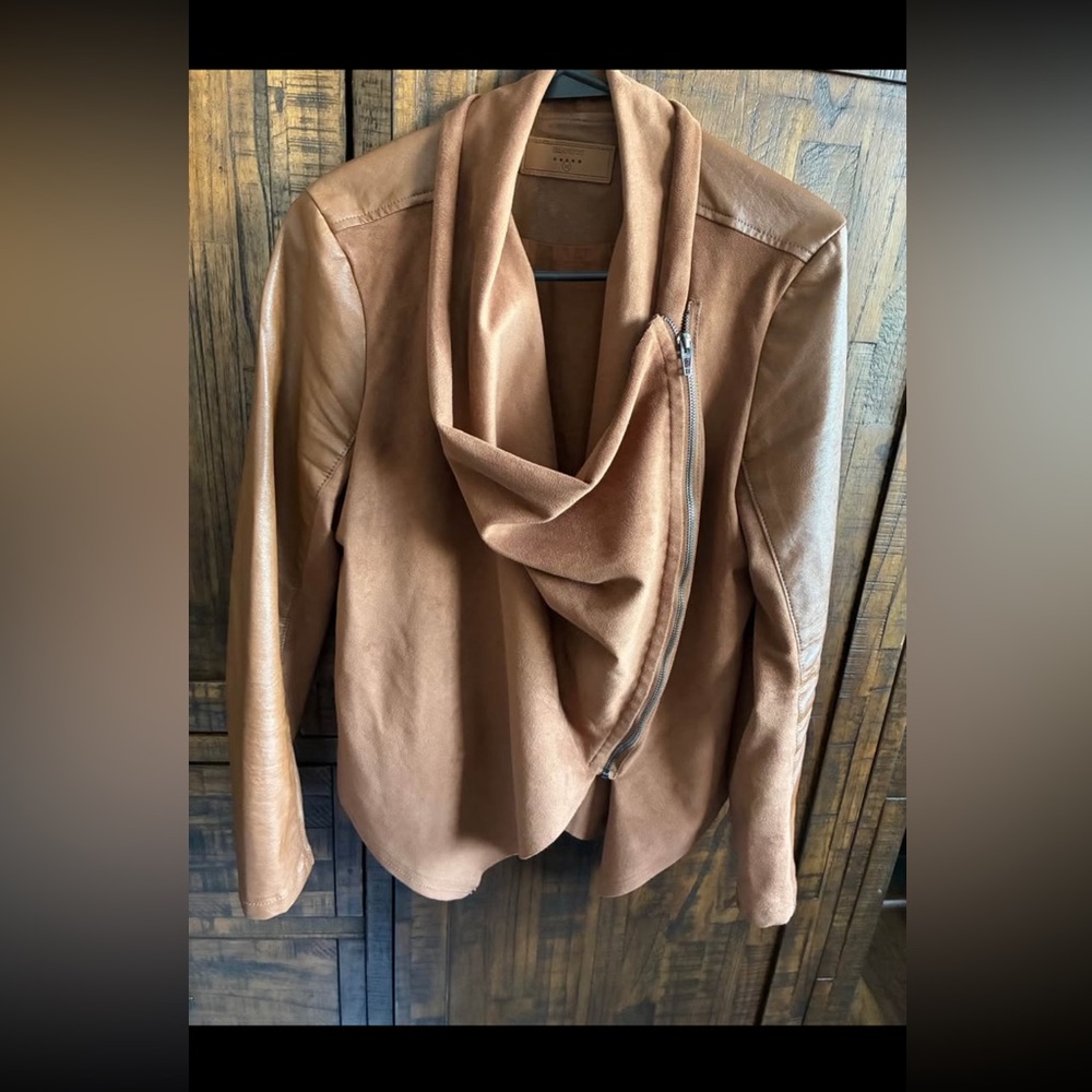 Blank NYC Cognac Draped Leather Jacket with Asymmetric Zip